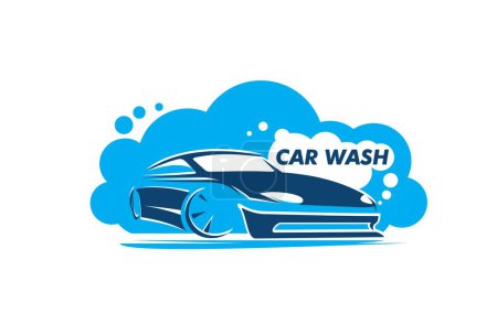 Illustration for Car wash service, automobile detailing workshop icon. Vehicle cleaning and washing garage station, carwash service graphing icon or symbol with modern supercar, sport coupe in shampoo foam bubbles - Royalty Free Image