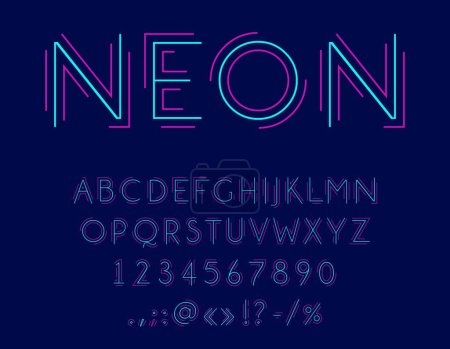 Illustration for Neon font, outline typeface or retro light type alphabet, vector line typography letters. Neon ABC font type or text signs for blue LED glow outline numbers and letters type, fluorescent typeset - Royalty Free Image