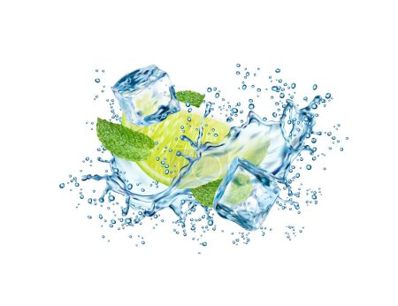 Illustration for Mojito drink, water wave splash with lime, ice cubes and mint leaves. 3d vector swirl with citrus fruit slice, water drops and frozen blocks. Realistic liquid flow, tea, cocktail refreshing beverage - Royalty Free Image