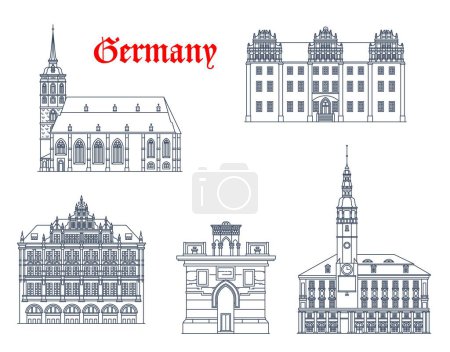 Illustration for Germany, Bautzen and Gorlitz architecture buildings, vector travel landmarks. German Saxony buildings of St Peter cathedral, Ortenburg castle, Rathaus City Hall and Holy Sepulchre or Grave monument - Royalty Free Image