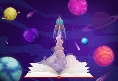 Illustration for Cartoon space planets, rocket launch from opened book, vector concept of education, imagination or idea. Spaceship or shuttle take off with flame, smoke and speed trails, universe stars and meteors - Royalty Free Image