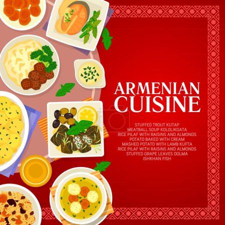 Illustration for Armenian cuisine menu cover, lunch food and traditional dishes of restaurant, vector. Armenian national cuisine meals menu with mashed potato with lamb kofta and stuffed trout kutap or rice pilaf - Royalty Free Image