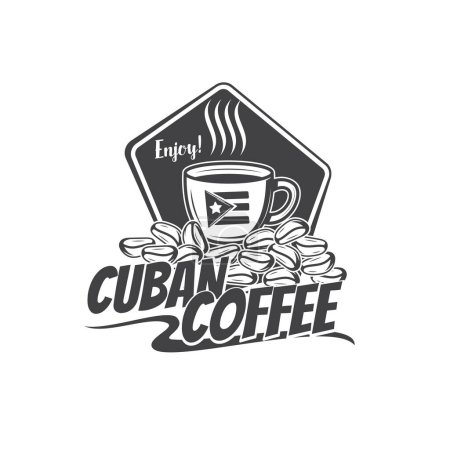 Ilustración de Icono del café cubano, menú de bar cafetería o etiqueta vectorial paquete de café. Viaje a Cuba, cultura y gastronomía símbolo de granos de café, bandera de Cuba y taza de café expreso, americano o capuchino para la cafetería signo - Imagen libre de derechos
