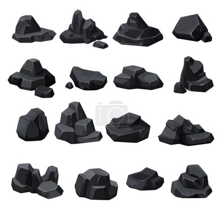 Illustration for Cartoon coal ore. Black charcoal, graphite lump, rock stone. Iron ore pieces, black rocks or stones pile game isolated vector asset. Basalt nugget, mining fossil fuel or cartoon minerals - Royalty Free Image