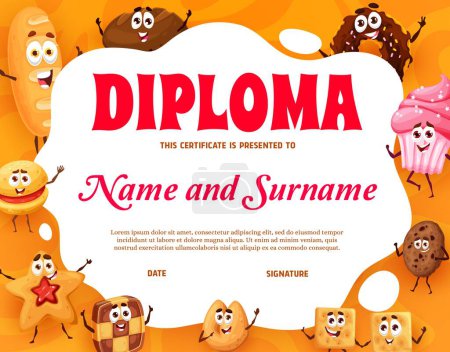 Illustration for Kids diploma. Bakery, pastry, cakes and cookie personages. Elementary school children winner diploma, kids achievement certificate or award with wheat loaf, rye bread, cupcake cheerful characters - Royalty Free Image