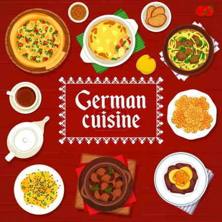 Illustration for German cuisine menu cover. Onion bacon pie, vegetable sausage casserole and potato salad with mustard, pork pasta soup Eintopf, almond cookies and beef beer stew, black tea, liver with apple sauce - Royalty Free Image