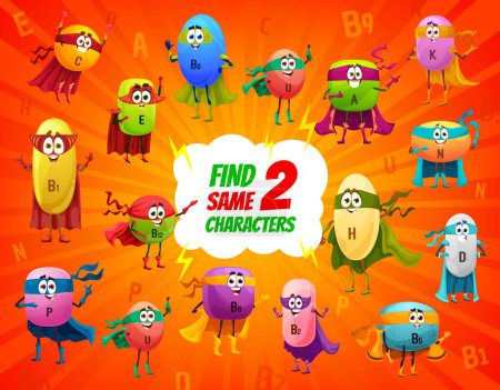 Illustration for Find two same cartoon superhero micronutrient vitamin characters. Objects difference spotting child puzzle, vector quiz or game worksheet with A, B, C and E, U, K vitamin superhero cute personages - Royalty Free Image