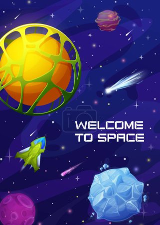 Illustration for Cartoon space landscape. Science fiction alien galaxy, space backdrop or vector background with fantastic planets and comets, fantasy universe worlds, SCI FI future spaceships flying in outerspace - Royalty Free Image