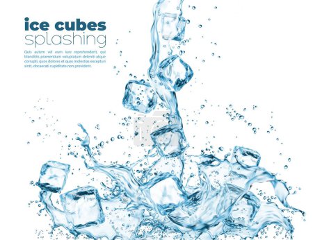 Ilustración de Salpicadura de cascada de ola de agua azul con cubos de cristal de hielo. Diseño vectorial con bloques de hielo que caen y gotas de fusión. Líquido realista onda transparente, bebida fresca y congelado piezas heladas gráficos 3d - Imagen libre de derechos