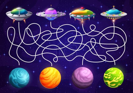 Illustration for Space labyrinth maze help to ufo find a planet. Kids vector worksheet with alien saucers and tangled path in cosmos. Educational children board game with cartoon planets and extraterrestrial shuttles - Royalty Free Image