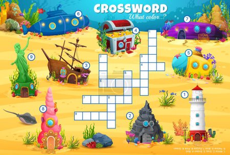 Illustration for Underwater cartoon house buildings. Crossword quiz game grid. Kids vocabulary puzzle or riddle, wordsearch crossword vector worksheet with submarine, sea shell, lighthouse and sunken ship dwellings - Royalty Free Image