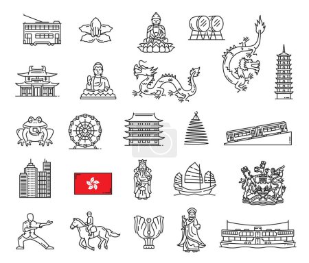 Téléchargez les illustrations : Hong Kong emblème et les icônes de contour de voyage. Tram à deux étages de Hong Kong, monument bouddha et dragon, pagode, temple bouddhisme et gratte-ciel, drapeau, armoiries, ferry et funiculaire, déesse Mazu - en licence libre de droit