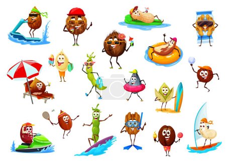 Illustration for Cartoon nuts and beans on summer vacation. Vector almond, coconut, peanut and walnut, sunflower or pumpkin seed, pecan, brazil, cashew and pistachio, pea and hazelnut, macadamia funny characters - Royalty Free Image