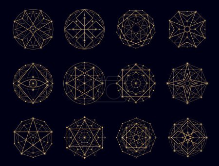 Illustration for Sacred geometry esoteric, magic, alchemy symbols. Myth and meditation, pentagram and spiritual tattoo shapes. Illuminati occult, mystical or religion abstract geometric line vector golden signs set - Royalty Free Image
