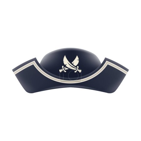 Illustration for Cartoon pirate captain tricorn cocked hat. Vector buccaneer headgear isolated sailor cap with crossed sabers. Filibuster black cap, seafarer headdress, piracy symbol, fancy robber outfit element - Royalty Free Image