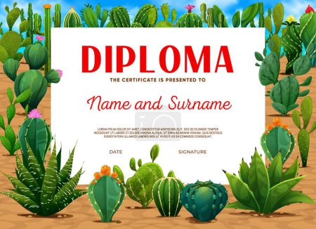 Illustration for Kids diploma mexican prickly cactus succulents. Vector education school certificate template with cartoon desert cacti flowers. Appreciation or graduation award frame, winner trophy graphics layout - Royalty Free Image