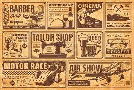 Illustration for Vintage newspaper banners, old advertising. Vector retro promo ads for barber shop, restaurant, cinema and tailor atelier. Horse or motor race, air show, tobacco products, shoes repair and craft beer - Royalty Free Image