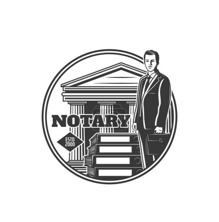 Illustration for Notary service icon, lawyer and court building or legislation office, vector emblem. Notary legal service or law firm badge for juridical counselor in jurisprudence and civil rights courtroom - Royalty Free Image