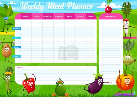 Illustration for Cartoon cheerful vegetables on yoga sport on weekly meal planner schedule. Organizer check list, diet meals eating schedule, vector shopping list and notes page with veggies characters on fitness - Royalty Free Image