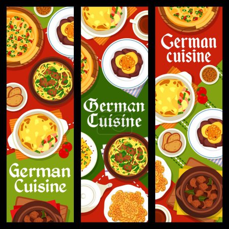 Illustration for German cuisine restaurant food banners. Sausage casserole, pork pasta soup Eintopf and almond cookies, potato salad with mustard, beef beer stew and black tea, liver with apple sauce, onion bacon pie - Royalty Free Image