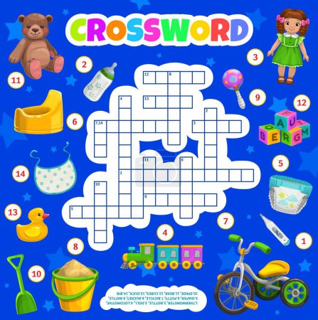 Illustration for Kids toys and accessories crossword puzzle worksheet, find a word quiz. Vector thermometer, bottle, doll and locomotive, diaper, potty, bicycle and bucket. Rattle, spade, bear and cubes, duck or bib - Royalty Free Image