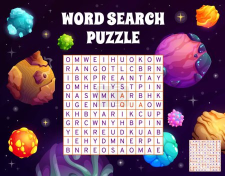 Illustration for Cartoon space planets and stars word search puzzle game worksheet, kids quiz grid. Vector crossword brainteaser for children with alien world in cosmos latin letters at square field, word task riddle - Royalty Free Image