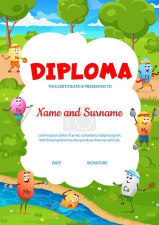 Illustration for Kids diploma. Cartoon micronutrient sportsman characters. Child graduation diploma, education vector certificate with Na, Fe, Cl, Mg and Ca, Mn, playing tennis, swimming and running funny vitamins - Royalty Free Image