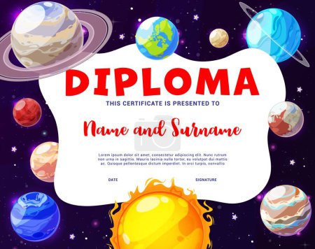 Illustration for Kids diploma cartoon solar system and space planets. Education school certificate, vector award or graduation frame template. Astronomy science achievement and appreciation trophy for children - Royalty Free Image