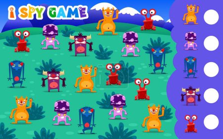 Illustration for I spy game monster characters, kids vector educational puzzle. Development of numeracy skills and attention, cartoon riddle worksheet page. Math learning for kindergarten, school, preschool children - Royalty Free Image