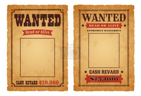 Illustration for Western wanted, dead or alive vintage banner. Wild West criminal or outlaw wanted reward grunge vector poster. America Texas robber hunt vector paper banner with retro typography, old paper texture - Royalty Free Image