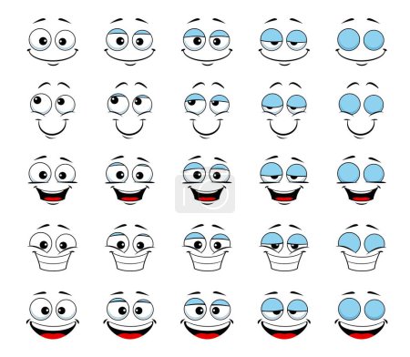 Illustration for Cartoon face and blink eye animation. Vector sprite sheet with human personage smiling expression, animated sequence frame of blinking eyeballs and smile toothy mouth steps. Friendly wink emoticon - Royalty Free Image