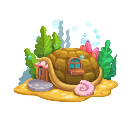 Illustration for Cartoon underwater turtle shell fairy house. Fantasy creature home on seabed, aquarium funny dwelling or hut. Fairytale shack on ocean bottom, underwater world vector landscape or scene with seaweed - Royalty Free Image