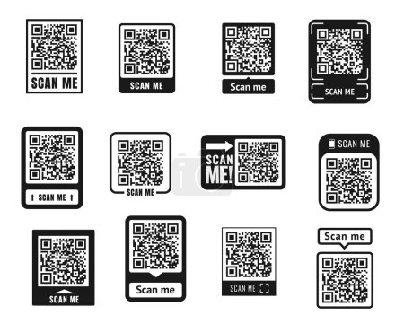 Illustration for Scan me QR code sticker icons. Phone barcode scanner, application qrcode symbol, product info or identity vector tag, shop quick cashless payment scan me with pictograms or stickers - Royalty Free Image