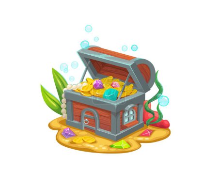 Illustration for Underwater treasure chest house building. Vector creative fantasy dwelling, cartoon mermaid or fairy home inside of trunk with golden coins, gemstones and jewelry on ocean floor with sand and seaweeds - Royalty Free Image