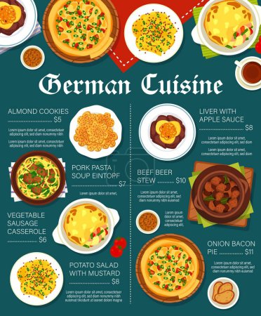 Ilustración de Diseño de página de menú de cocina alemana. Hígado con salsa de manzana, ensalada de papas con mostaza y salchicha de verduras, té negro, estofado de ternera y pastel de tocino de cebolla, galletas de almendras, sopa de pasta de cerdo Eintopf - Imagen libre de derechos