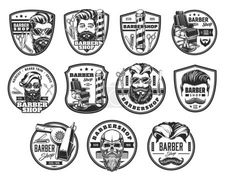 Illustration for Barbershop icons, barber shop or vintage hair and beard man salon vector signs. Barbershop symbols with razor blade, skull and scissors, man haircut with beard and mustaches, rate stars and ribbons - Royalty Free Image