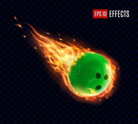 Illustration for Bowling ball with fire flames. Vector design with realistic 3d burning bowl sphere flying with blazing trail on black background. Fun game competition, powerful strike shot, fireball comet or asteroid - Royalty Free Image