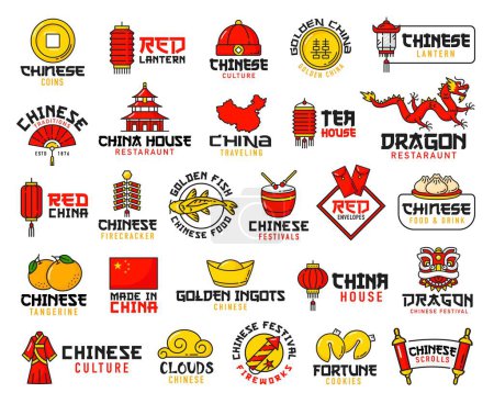 Illustration for Chinese food, festival holiday and religion line icons. Asian cuisine restaurant, lantern and red envelope, dragon mask, fortune cookies and fireworks, golden fish, China flag and map outline icons - Royalty Free Image
