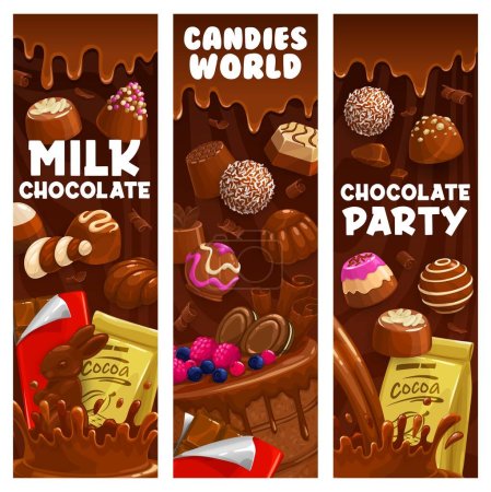 Illustration for Milk chocolate, praline and fudge candy. Souffle, truffle and jelly, hazelnut bonbons. Vertical banners, vertical vector backgrounds or with chocolate candy, cake and bar, cocoa sweet desserts - Royalty Free Image