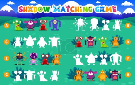 Illustration for Shadow match game monster characters. Find the correct shade of cartoon alien or mutant personage. Kids matching worksheet, educational riddle for logical mind and brain development for children - Royalty Free Image