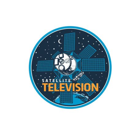 Illustration for Telecommunication satellite icon. Television broadcasting and Internet network transmission, telecom equipment and technology vector retro symbol or round icon with artificial satellite on Earth orbit - Royalty Free Image