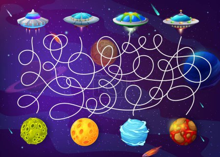 Illustration for Cartoon space labyrinth, help ufo to find the planet maze game vector worksheet. Kids education pathfinding puzzle, find right way riddle with flying saucers and space planets of alien world universe - Royalty Free Image