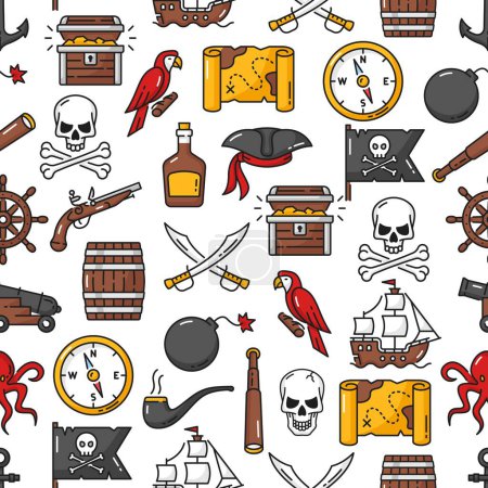 Illustration for Caribbean pirates and corsairs seamless pattern background. Vector treasure chest pirates pattern with rum barrel, skull on Jolly Roger flag and filibuster ship with cannon and pirate tricorne hat - Royalty Free Image