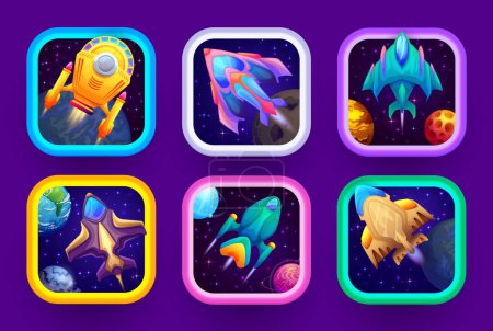 Illustration for Cartoon space game app icons with starships. Vector set ui or gui menu elements for application interface. Futuristic fantasy cosmic engines inside of square frames. Galaxy or star war buttons design - Royalty Free Image
