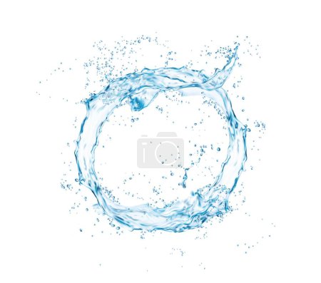 Illustration for Round water splash, circle swirl, clean wave with splatters. Vector liquid flow with drops. Isolated transparent splashing aqua dynamic motion with spray droplets. Realistic 3d element, fresh drink - Royalty Free Image