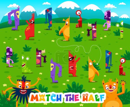 Illustration for Match the half of cartoon monster characters. Vector game worksheet with cute funny aliens on green summer field. Find the correct pieces of colorful fluffy and toothy spooky personages - Royalty Free Image