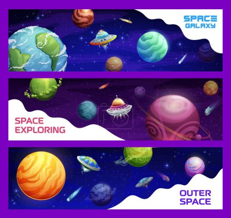 Photo for Cartoon space planets and ufo. Vector banners with alien saucers in galaxy. Funny background with extraterrestrial shuttles and cosmic objects in universe, interstellar travel, outer space exploration - Royalty Free Image