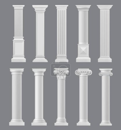 Illustration for Marble antique columns and pillars. Roman or greek temple or palace building, classical architecture element, museum monument isolated vector pedestal, historical building facade realistic columns set - Royalty Free Image