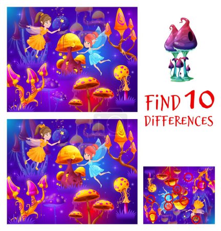 Illustration for Fairy and magic luminous mushrooms in forest, find ten differences, vector game worksheet. Kids education riddle or puzzle to find and match difference in pictures with tale fairy pixies in mushrooms - Royalty Free Image