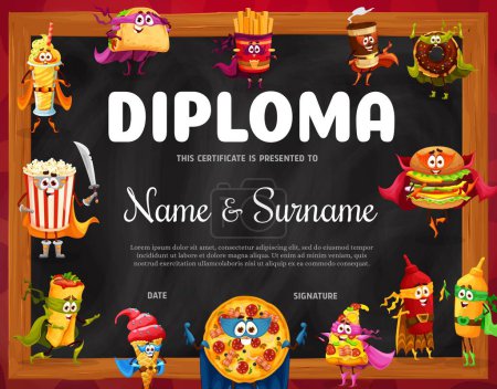 Illustration for Kids diploma. Fast food characters, cafe chalkboard. Appreciation certificate or kids education achievement diploma with pizza, popcorn, burger and ice cream, tacos and burritos meal hero personages - Royalty Free Image